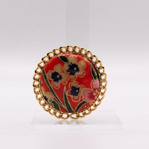 Gold Tone Hand Painted Floral Red Orange Brooch